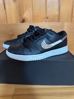 Nike Black Leather Sneakers with Leopard Swoosh Accent